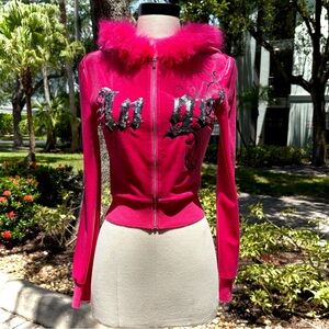 Shein Pink Velour Angel Hoodie Size XS 2 Crop Jacket Sweatshirt Faux Fur Sequins
